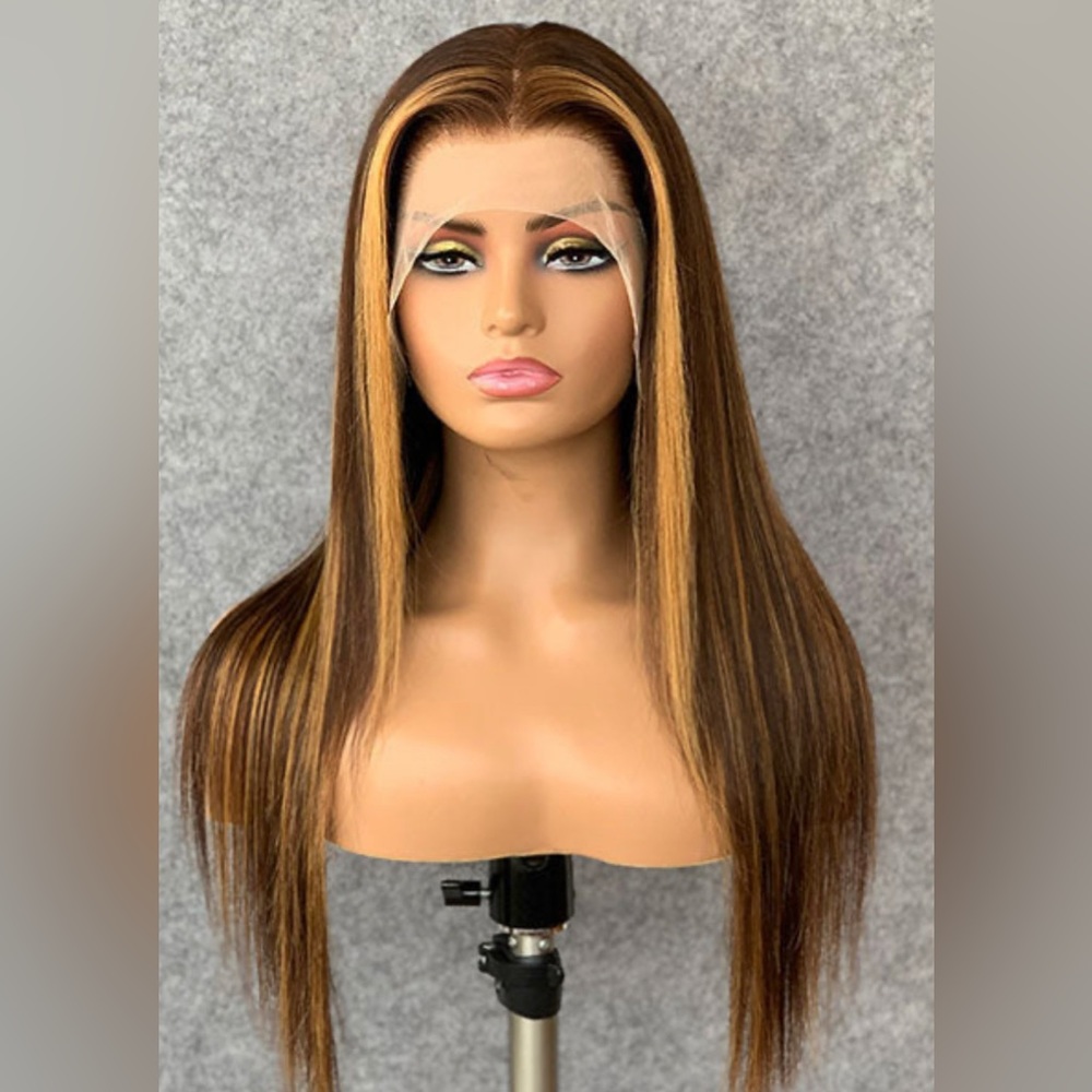 Brown with caramel highlights straight front wig, 180% density & 26 inches